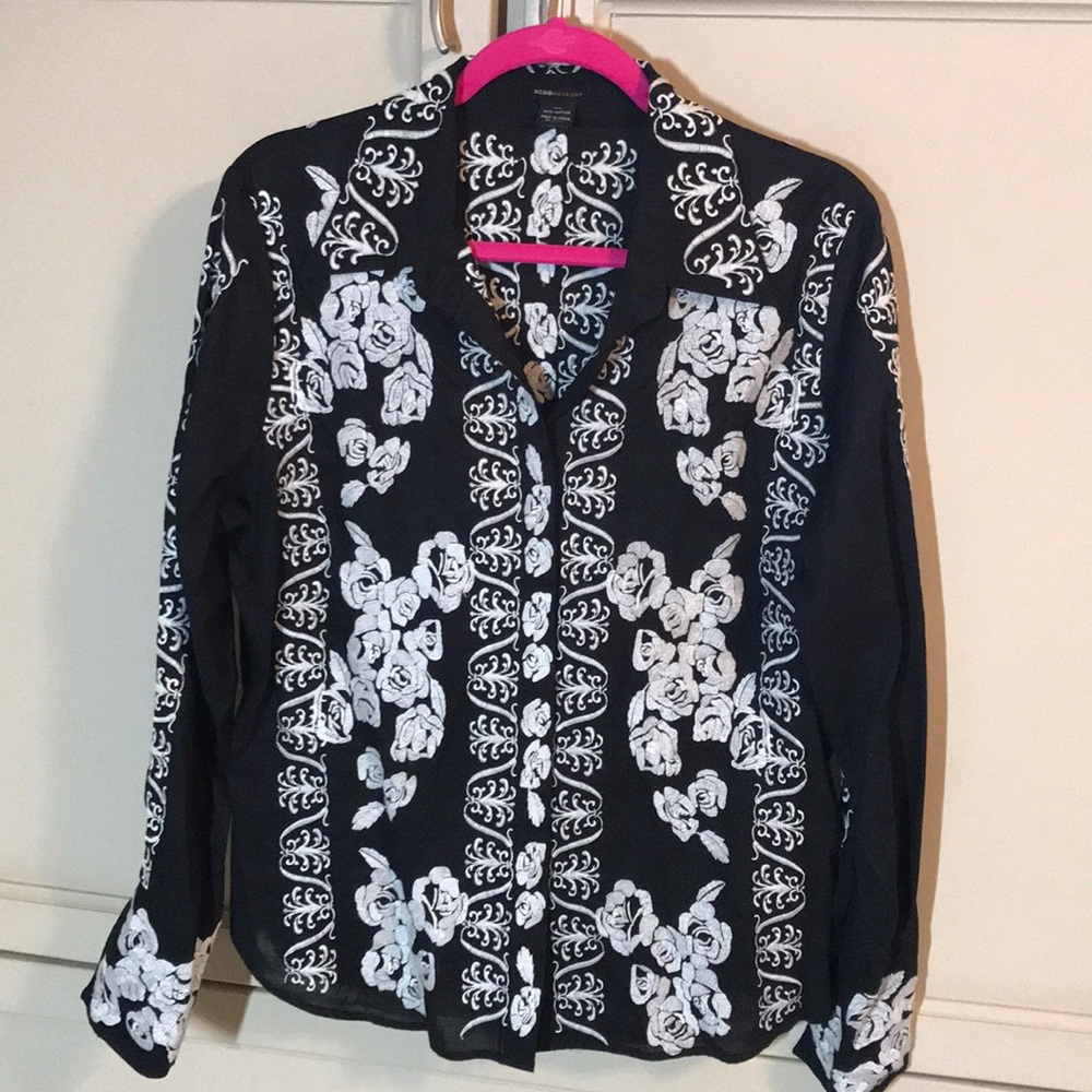 Embroidered black/cream collared long sleeve shirt